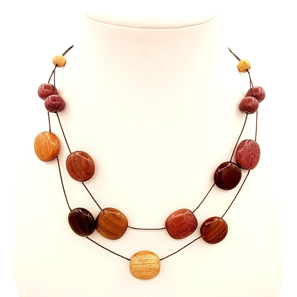 Wine, Plum & Tan Hues Artisan Wooden Bead Multi-Strand Necklace Adjustable Clasp